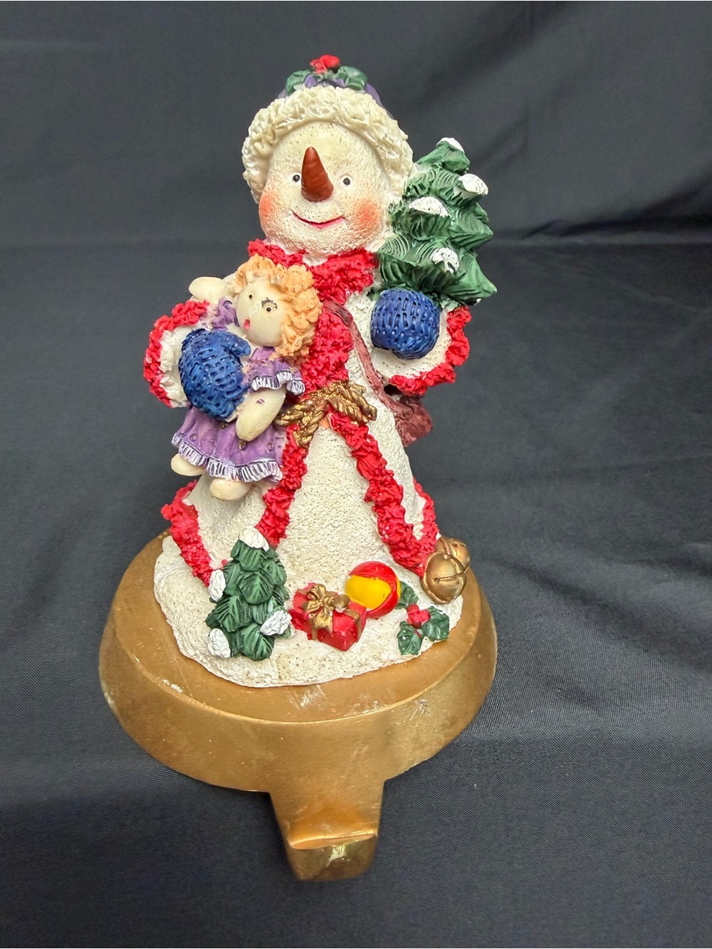 Vintage Hand-Painted Resin Snowman & Rag Doll Weighted Stocking Holder/Hanger